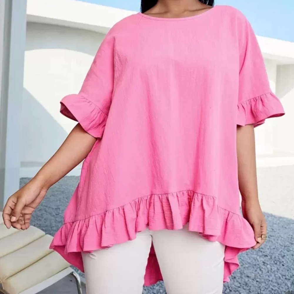 “Pretty in Pink” 💖💞💓Oversized Blouse with Ruffle Hem and Flounce Sleeves | 0XL